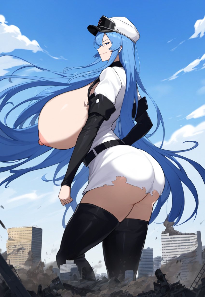 ai ai_generated akame_ga_kill! city_destruction esdeath_(akame_ga_kill!) giantess gigantic_breasts goddess growth huge_ass macro macro_female thick trash_can wardrobe_malfunction