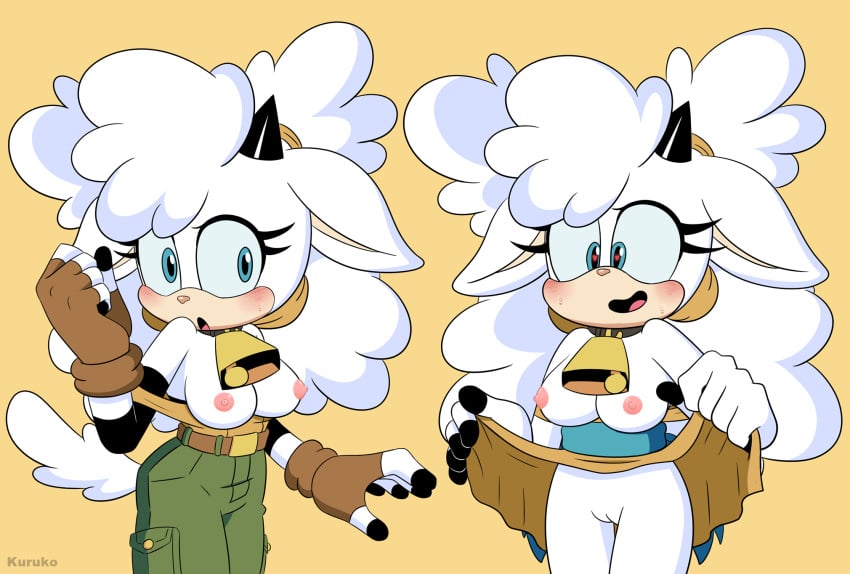 1girls anthro bell bell_collar big_hair blue_eyes bovid breasts caprine cargo_pants dipstick_fingers dress dress_lift ewe fingerless_gloves fluffy gloves heart heart-shaped_pupils kuruko lanolin_the_sheep no_bra no_panties pants pussy sheep solo sonic_(series) sonic_the_hedgehog_(comics) sonic_the_hedgehog_(idw) white_fur white_hair white_wool wool wool_(fur)