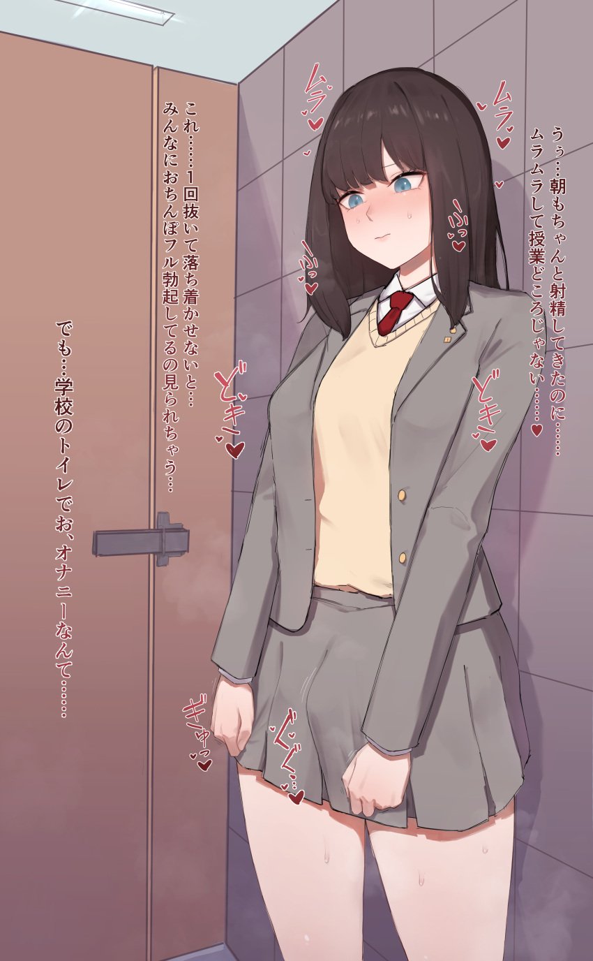 1futa 2024 aroused bangs blazer blush breasts breath brown_hair bulge clothed clothing collared_shirt detailed_background dialogue embarrassed fully_clothed futa_only futanari getting_erect green_eyes grey_jacket grey_skirt human japanese_text light-skinned_futanari light_skin long_hair miniskirt necktie nonflied pleated_skirt public public_restroom red_necktie school_uniform schoolgirl shirt skirt skirt_tug solo standing sweat sweater text toilet_stall translation_request white_shirt yellow_sweater