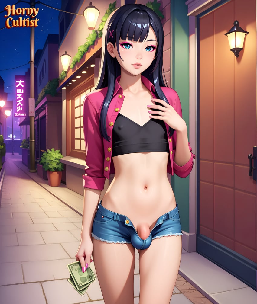 ai_generated bulge crossdressing cute deviantart femboy feminine_male flat_chest gay horny_cultist_artist long_hair night posing short_pants street trap yaoi