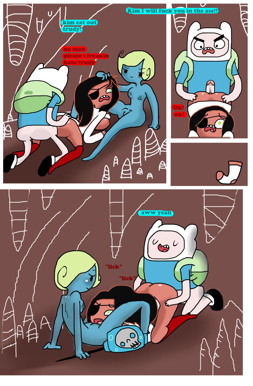 adventure_time angry backpack blush dialogue eyepatch female/female finn_the_human forced kim_(adventure_time) lesbian nude oral oral_sex partially_clothed penetration rape reluctant sock_(artist) straight threesome trudy_(adventure_time) uncensored yuri