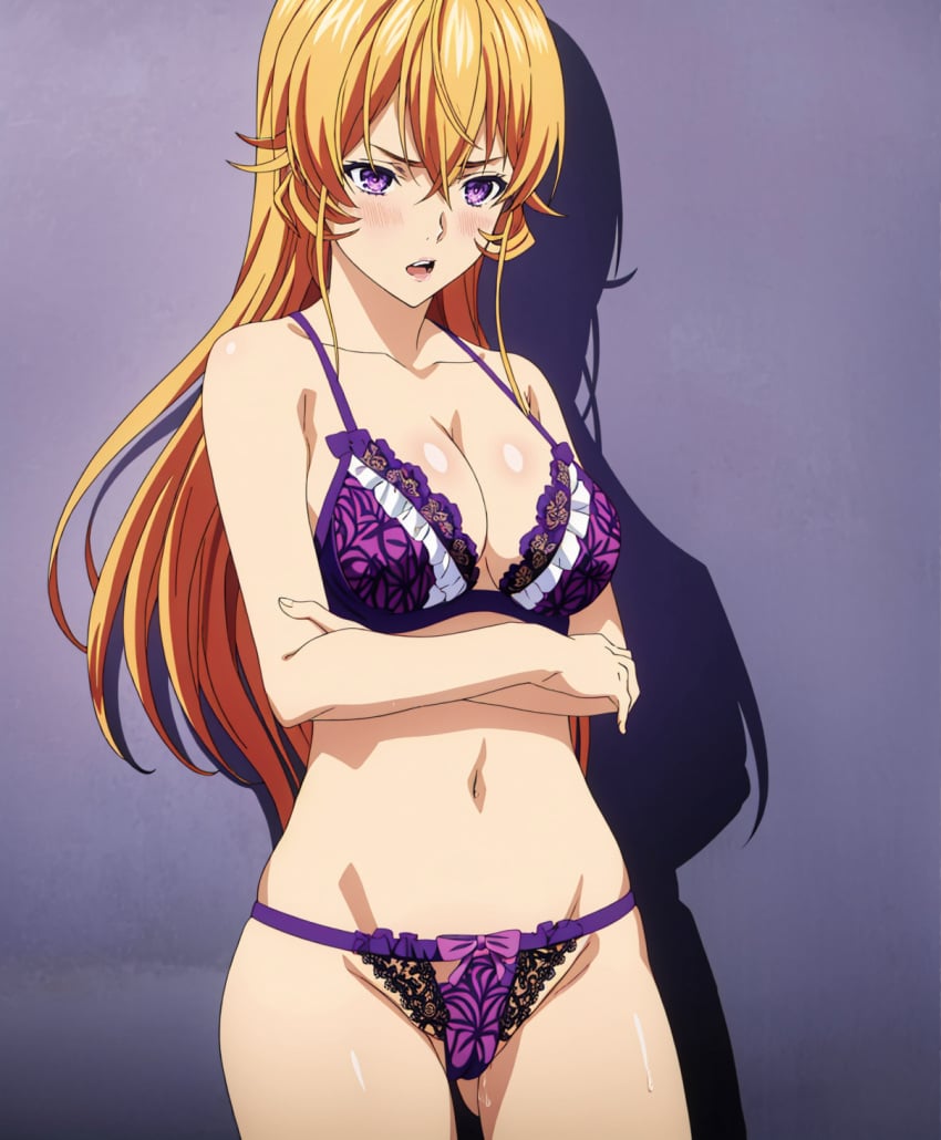 ai_generated angry_expression angry_face belly belly_button blonde_hair blush bra breasts cleavage crossed_arms lingerie long_hair looking_at_another looking_at_viewer nakiri_erina open_mouth panties purple_eyes shiny_skin shokugeki_no_souma slim_waist stable_diffusion standing thong