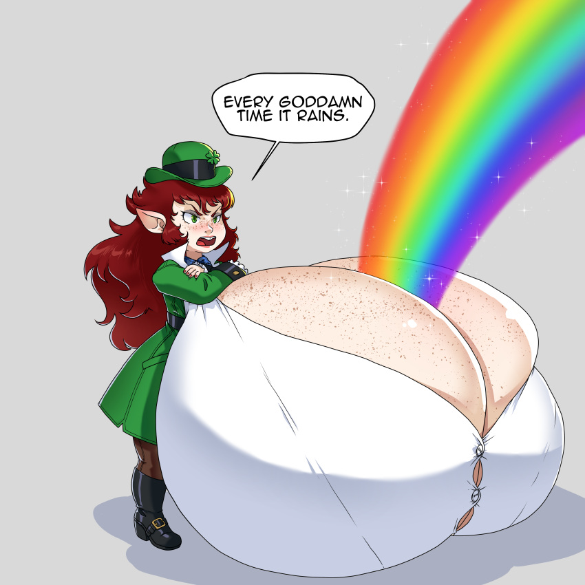 1girls between_breasts breasts_bigger_than_body breasts_bigger_than_head breasts_bigger_than_torso cleavage freckles freckles_on_breasts freckles_on_face green_eyes hat hyper_breasts icymasamune leprechaun leprechaun_hat long_hair massive_breasts rainbow red_hair shortstack tagme text_bubble