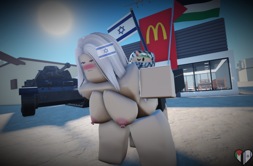 1boy 1girls 3d blonde_hair boobs breasts disrespect doggy_style flag israel lilix_rr34 mcdonald's palestine panzerkampfwagen_iv parody roblox robloxian self_upload sex tagme tank