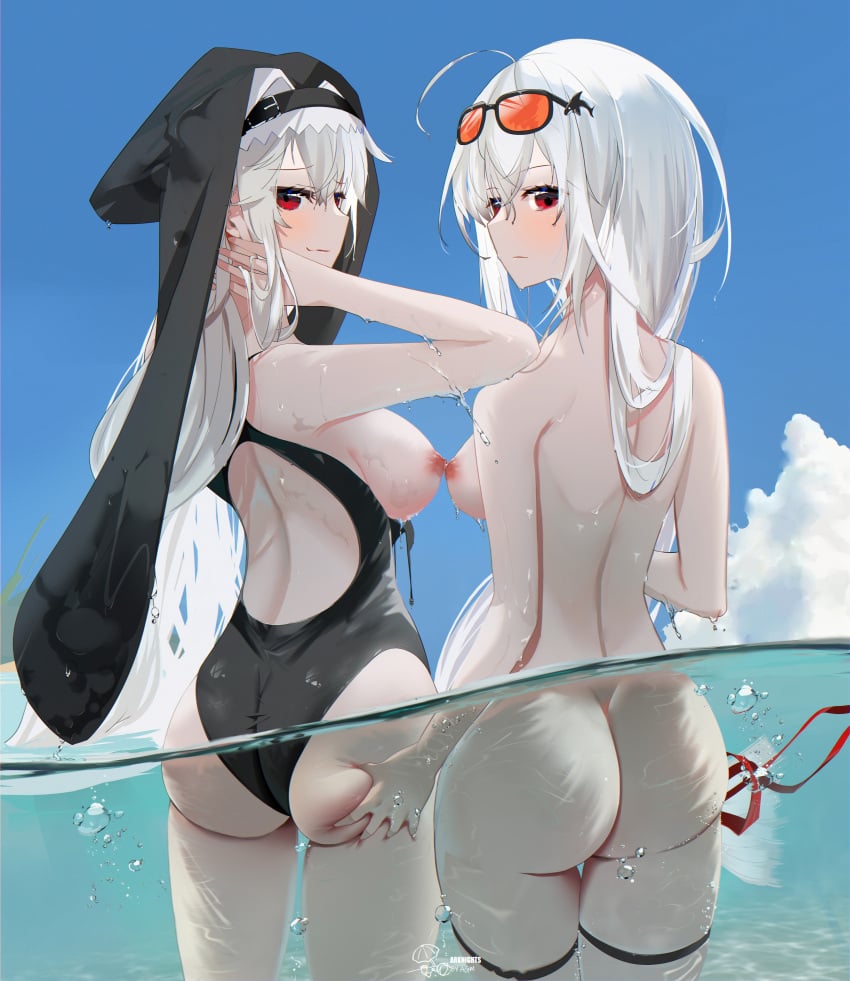 arknights ass ass_grab breasts garter megane naked nipples omone_hokoma_agm skadi_(arknights) specter_(arknights) swimsuits wet yuri