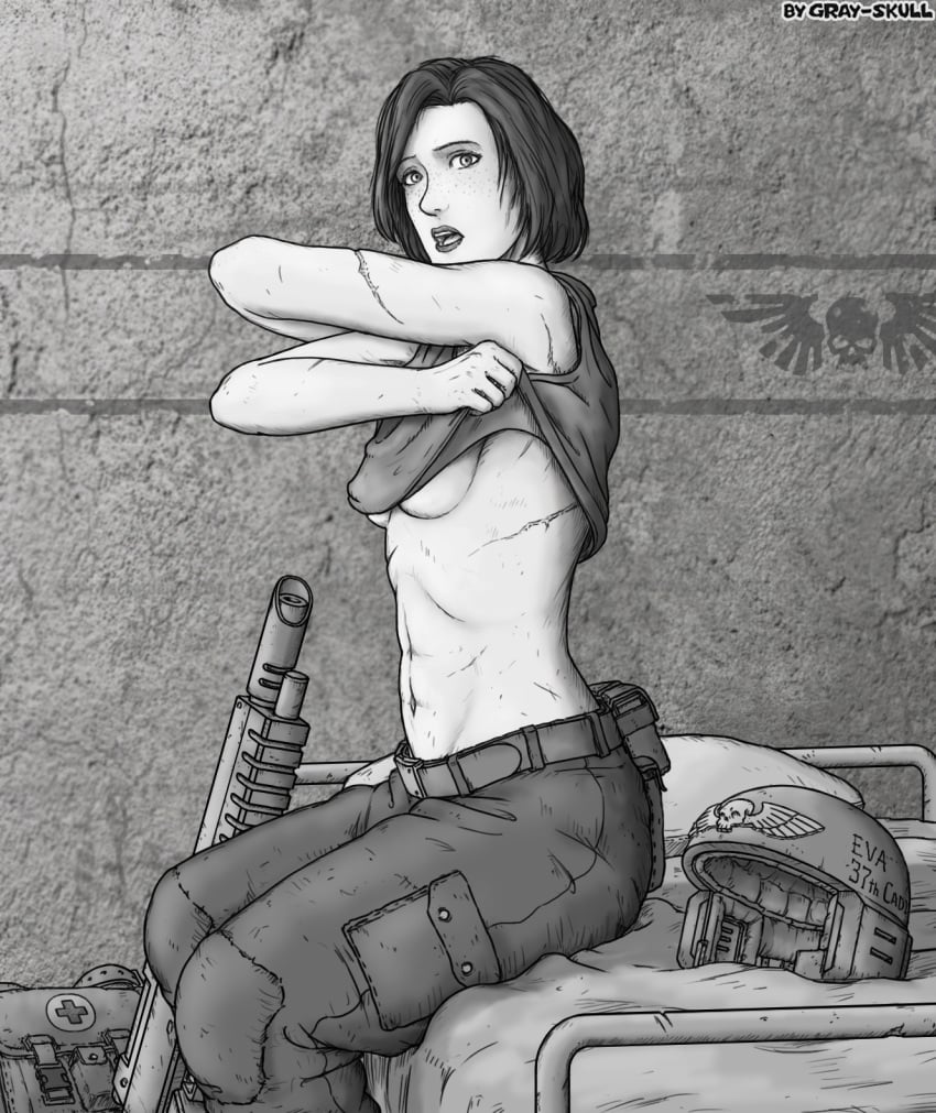 1girls astra_militarum cadian english_text female gray_skull imperial_guard text undressing warhammer_(franchise) warhammer_40k