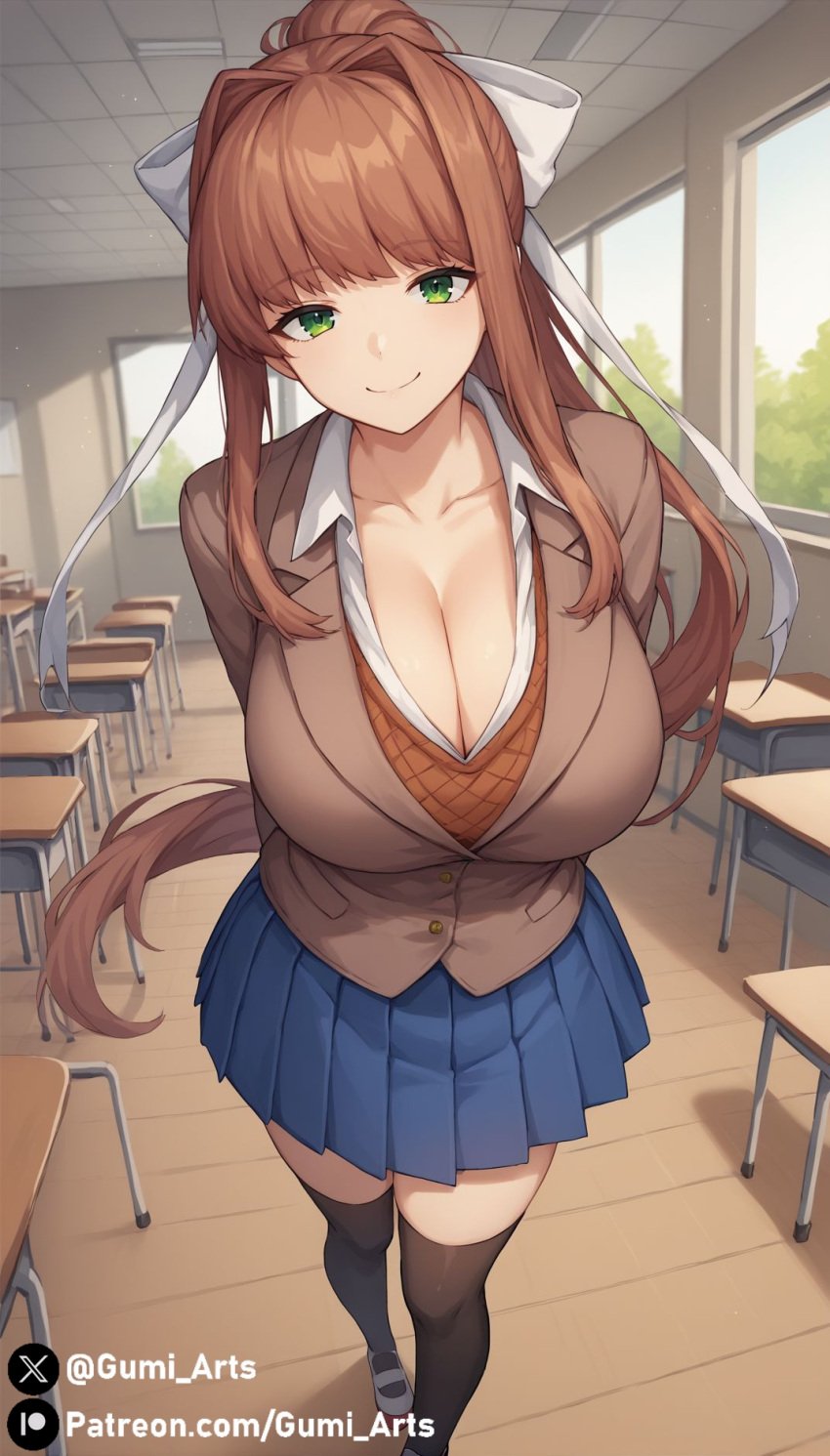 ai_generated alternate_breast_size brown_hair classroom cleavage doki_doki_literature_club green_eyes gumi_arts huge_breasts indoors jacket monika_(doki_doki_literature_club) pleated_skirt ponytail school_uniform stable_diffusion thighhighs white_hair_ribbon