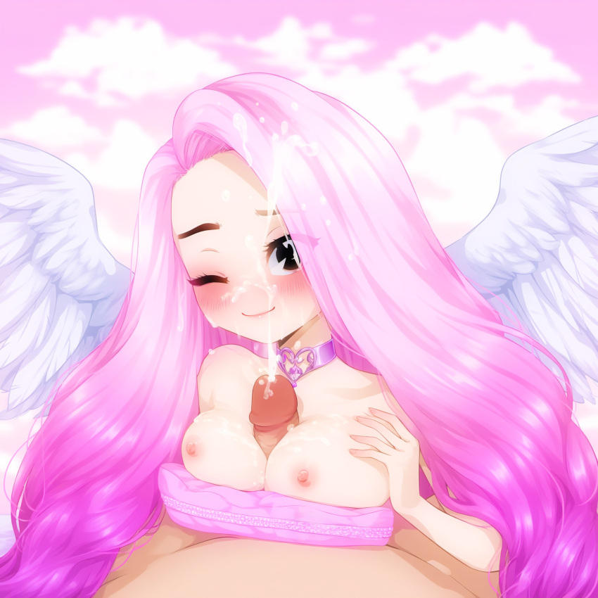 angel boobjob breasts cum_on_breasts cum_on_face cumming explicit large_breasts leah_ashe_(youtuber) paizuri pink_hair