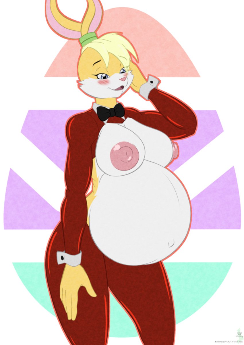 absurd_res anthro areola belly big_belly big_breasts blush bow_tie breasts clothed clothing digital_media_(artwork) female fur genitals hair hi_res jorge-the-wolfdog lagomorph leporid lexi_bunny looking_at_viewer loonatics_unleashed looney_tunes mammal nipples nude open_mouth pink_areola pink_nipples playboy_bunny playboy_outfit pregnant pregnant_anthro pregnant_female pussy rabbit simple_background solo tail thick_thighs warner_brothers