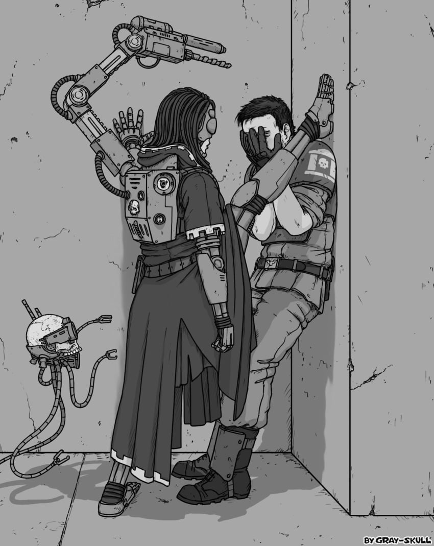 1girls adeptus_mechanicus astra_militarum cadian gray_skull guardsman_(warhammer_40k) imperial_guard imperium_of_man meme monochrome servo-skull techpriest titus_(gray_skull) warhammer_(franchise) warhammer_40k