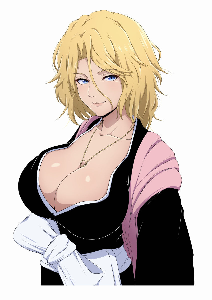 1girls big_breasts bleach bleach:_the_thousand-year_blood_war blonde_hair blue_eyes bow cleavage eyebrows_visible_through_hair kimono looking_at_viewer matsumoto_rangiku mole necklace nishizuki_shino smug