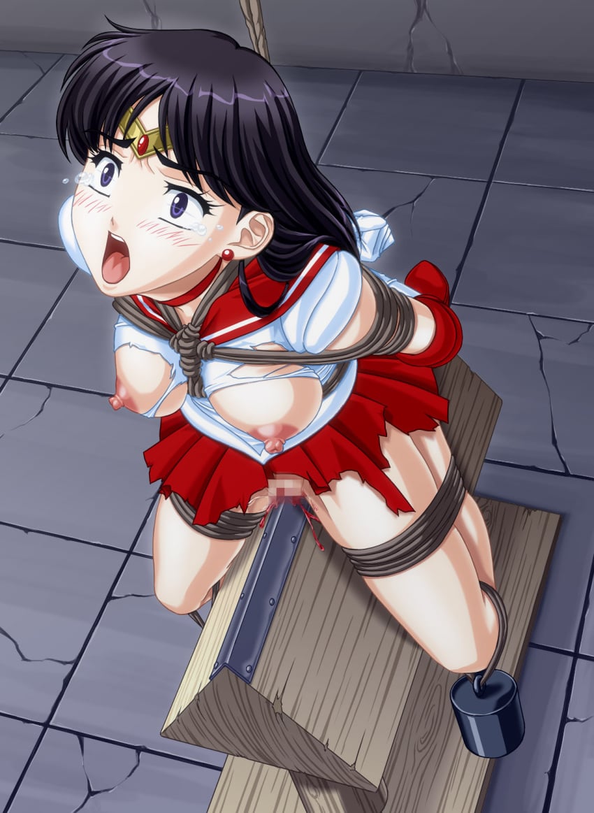 1girls apple_pie_(artist) bishoujo_senshi_sailor_moon blood bondage breasts censored clothing female female_only nipples rei_hino rope_bondage sailor_mars skirt small_breasts solo tagme tears torn_clothes torture wooden_horse