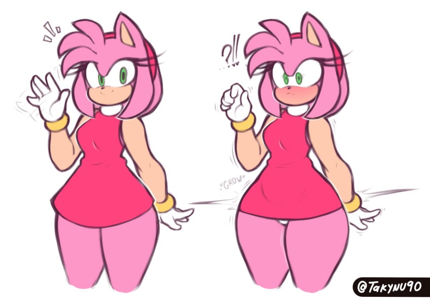 amy_rose imminent_growth pink_body pink_dress sega sonic_(series) sonic_the_hedgehog_(series) sudden_realization tagme takynu8 takynu90 waving_at_viewer