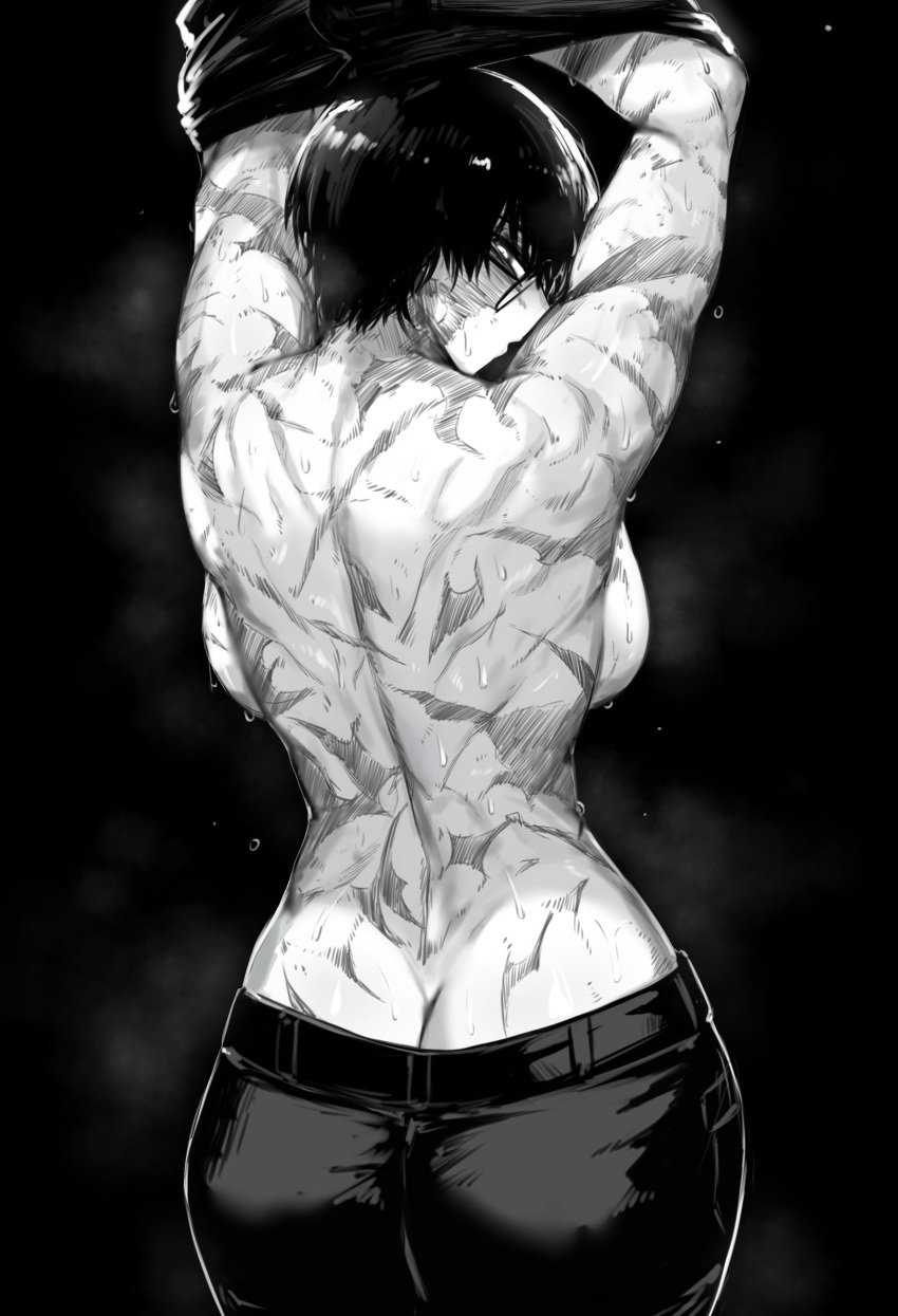 1girls arms_up ass back back_view backboob big_ass big_breasts big_butt black_and_white burn burn_marks burn_scar burns fat_ass female female_only glasses jujutsu_kaisen masoq095 monochrome pants partially_clothed short_hair shounen_jump sweat sweating sweaty thick_ass tomboy undressing very_short_hair wounds zenin_maki