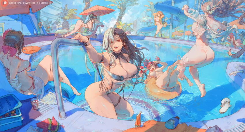 6+girls alcohol alcoholic_drink alternate_costume amber_eyes anis_(nikke) anis_(sparkling_summer)_(nikke) ass bare_legs barefoot beach_chair beach_umbrella bikini black_bikini black_hair breasts breasts_out brown_hair completely_nude completely_nude_female crossed_legs cutesexyrobutts food goddess_of_victory:_nikke green_hair guilty_(nikke) guilty_(wave_of_disbelief)_(nikke) hi_res high_resolution highleg highres hips huge_ass huge_breasts jacket jumping large_breasts legs light_brown_hair long_hair mast_(a_pirate's_heart)_(nikke) mast_(nikke) multicolored_hair multiple_girls no_bra no_panties nude nude_female pink_hair ponytail pool poolside red_bikini red_eyes red_hair red_hood_(nikke) rosanna_(chic_ocean)_(nikke) rosanna_(nikke) sakura_(bloom_in_summer)_(nikke) sakura_(nikke) sandals sandals_removed short_hair sitting sitting_on_chair summer swimsuit tattoo thick_thighs thighs twintails umbrella viper_(nikke) viper_(shine_of_love)_(nikke) water watermelon white_bikini white_hair wide_hips yellow_jacket