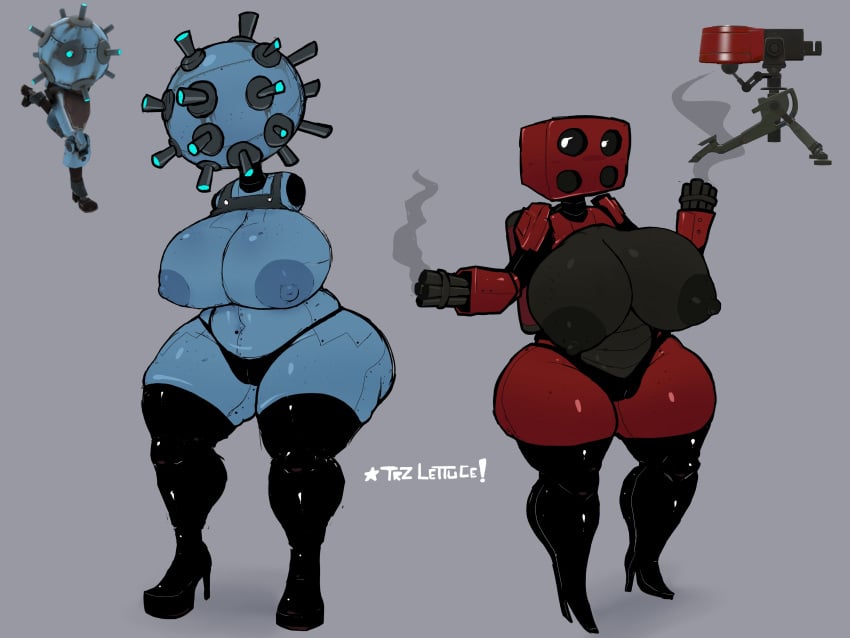 2024 2d 2girls absurd_res anthro big_breasts blue_body blue_team_(team_fortress_2) bomb breasts clothing explosives female female_only gun high_heel_boots high_heels latex latex_clothing latex_thighhighs living_weapon multiple_girls pants red_body red_team_(team_fortress_2) robot robot_girl sentry_(team_fortress_2) sentry_buster_(team_fortress_2) tagme team_fortress_2 tight_clothing trz_lettuce