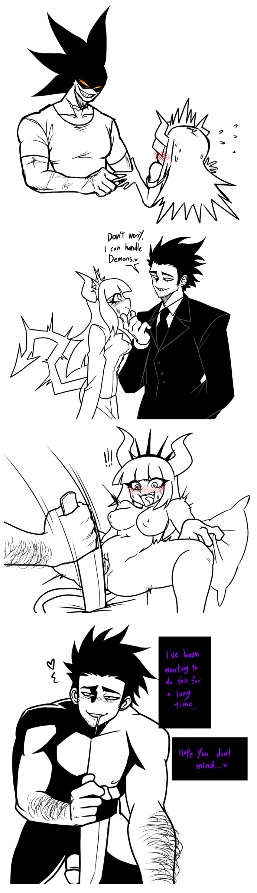 1boy arm_hair blush breasts crown demon english_text evil female horns jon(redsty.phoenix) knife large_breasts long_hair lucy_liskova_(lucy_liskova) monochrome nipples nude penis pussy shirt straight tail voideyedpanda