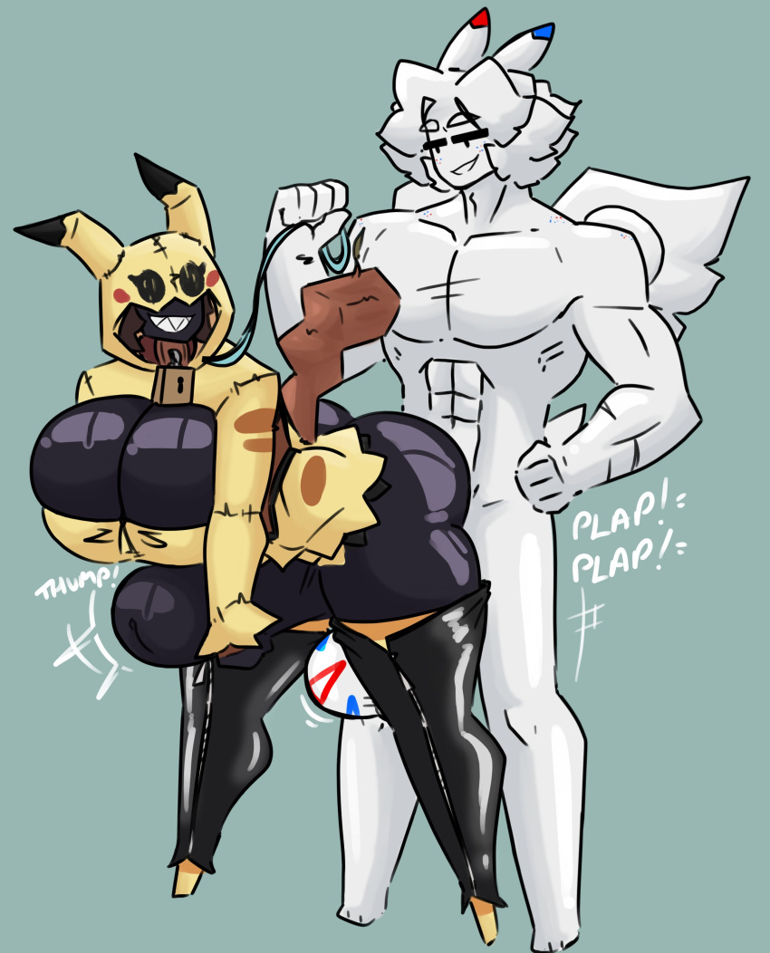 angel_(shewiff) anthro collar_and_leash huge_balls huge_breasts huge_cock hyper hyper_penis larger_male maledom mimikyu muscular_male pokémon_(species) pokemon sex sex_from_behind shewiff stomach_bulge togekiss