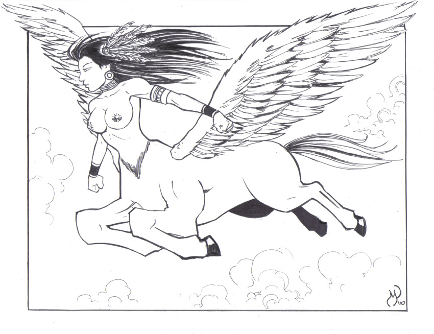 arm_bands black_and_white black_hair centaur centauress cosplay earring equid_taur feather feathered_wings flying greek_mythology long_hair michael_powell mythology necklace pegasus pegasus_taur taur wings