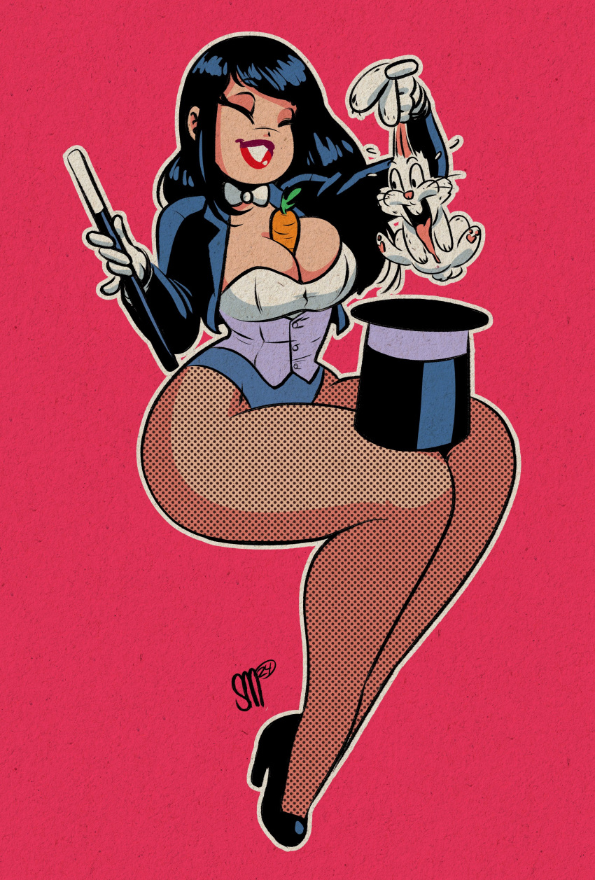 1girls artist_signature big_breasts black_hair bowtie busty carrot cleavage closed_eyes dc dc_comics fishnets gloves high_heels magic_wand magician_hat sgtmadness smiling top_hat zatanna zatanna_zatara