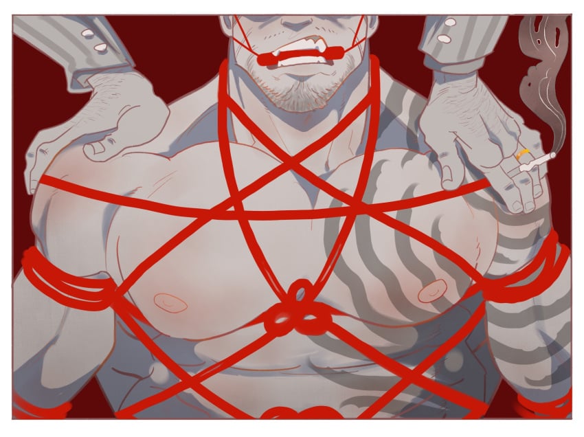 2boys admiral_(one_piece) akainu bara bara_tits bondage bondage_harness borsalino_(kizaru) bound bound_arms bound_hands bound_male bound_torso bound_wrists bulge_through_clothing cigarette fangs gag gagged gay irezumi lit_cigarette male male_only marine marinehusbands muscular muscular_male one_piece red_background red_rope ring rope rope_around_neck rope_bondage rope_harness ropes shoulder_tattoo tattoo tattoos wedding_ring