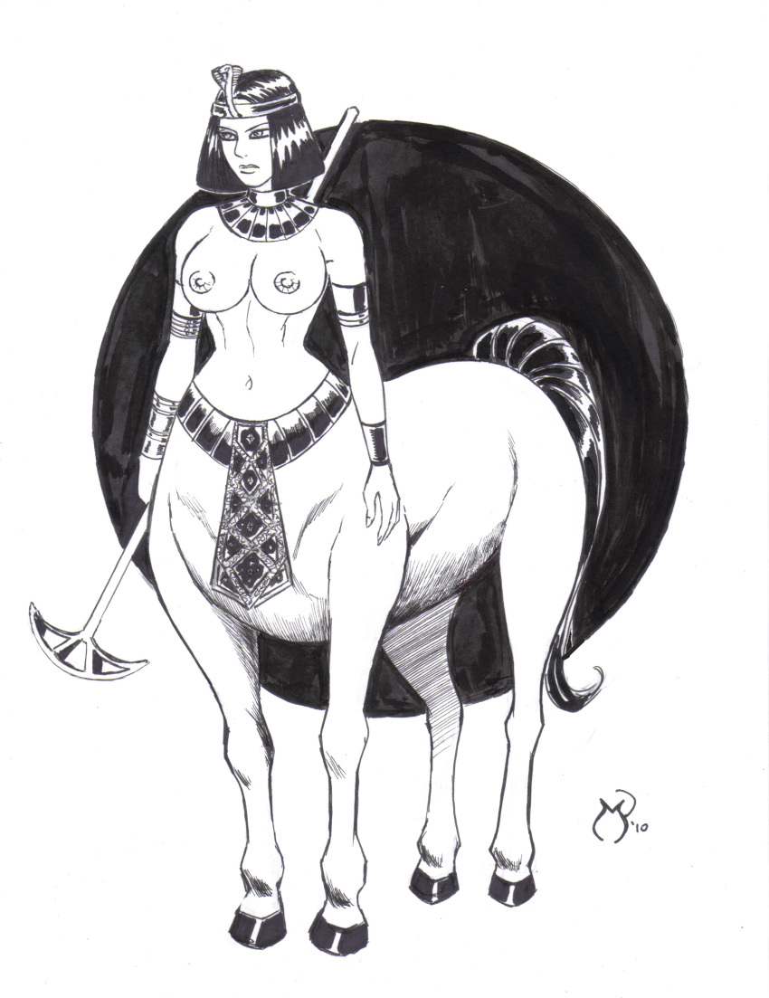 ancient_egypt arm_bands black_and_white black_hair breasts centaur centauress choker coronet cosplay greek_mythology history michael_powell mythology short_hair sketch