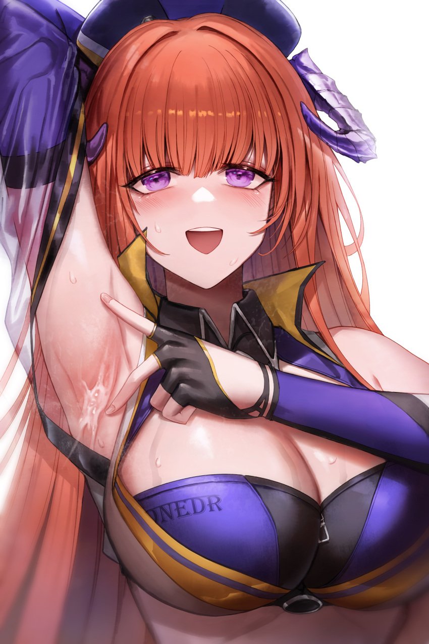 1girls 2024 arknights arm_up armpits arms_up bagpipe_(arknights) bagpipe_(queen_no._1)_(arknights) big_breasts breasts cum cum_on_body ginger ginger_hair hi_res horn horns light-skinned_female light_skin looking_at_viewer onedr purple_eyes simple_background smile solo