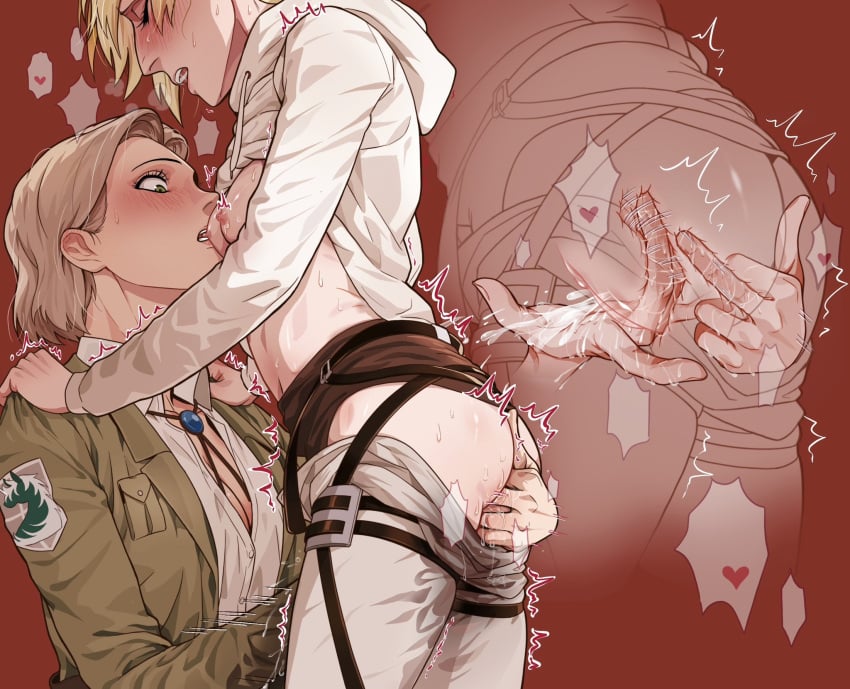 2d 2girls alternate_version_available anal anal_fingering annie_leonhardt attack_on_titan blush breast_sucking breasts double_penetration fingering fingering_ass fingering_pussy hi_res highres hitch_dreyse lesbian_sex multiple_girls no5frontiers orgasm orgasm_face shingeki_no_kyojin squirting vaginal_fingering x-ray yuri