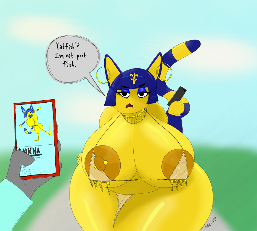 absurd_res animal_crossing ankha ankha_(animal_crossing) anon anthro areola areola_slip belly big_breasts big_nipples bikini bikini_top bottomwear breasts catfishing clothing curvy_female curvy_figure date ear_piercing ear_ring english_text eyelashes faceless_character faceless_male felid feline female first_person_view hi_res huge_breasts loincloth m4n male mammal nintendo nipple_piercing nipple_slip nipples overweight overweight_female phone_call phone_screen piercing ring_piercing short_stack size_difference slightly_chubby slightly_chubby_female smaller_female solo swimwear tail text thick_thighs translucent translucent_clothing wide_hips