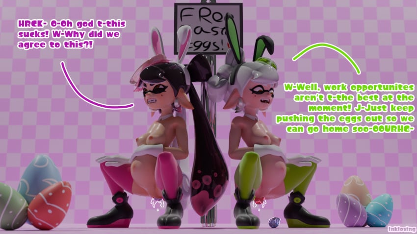 1920x1080 2girls 3d blender blender_cycles breasts bunny_ears bunnysuit callie_(splatoon) collar dialogue earrings easter_egg egg egg_laying english_text gloves holding_belly inkling inkling_girl inkloving leggings marie_(splatoon) marie_(wo262) mole mole_under_eye pain pained_expression pregnant splatoon squatting squid_sisters tagme tentacle_hair text vaginal_juices