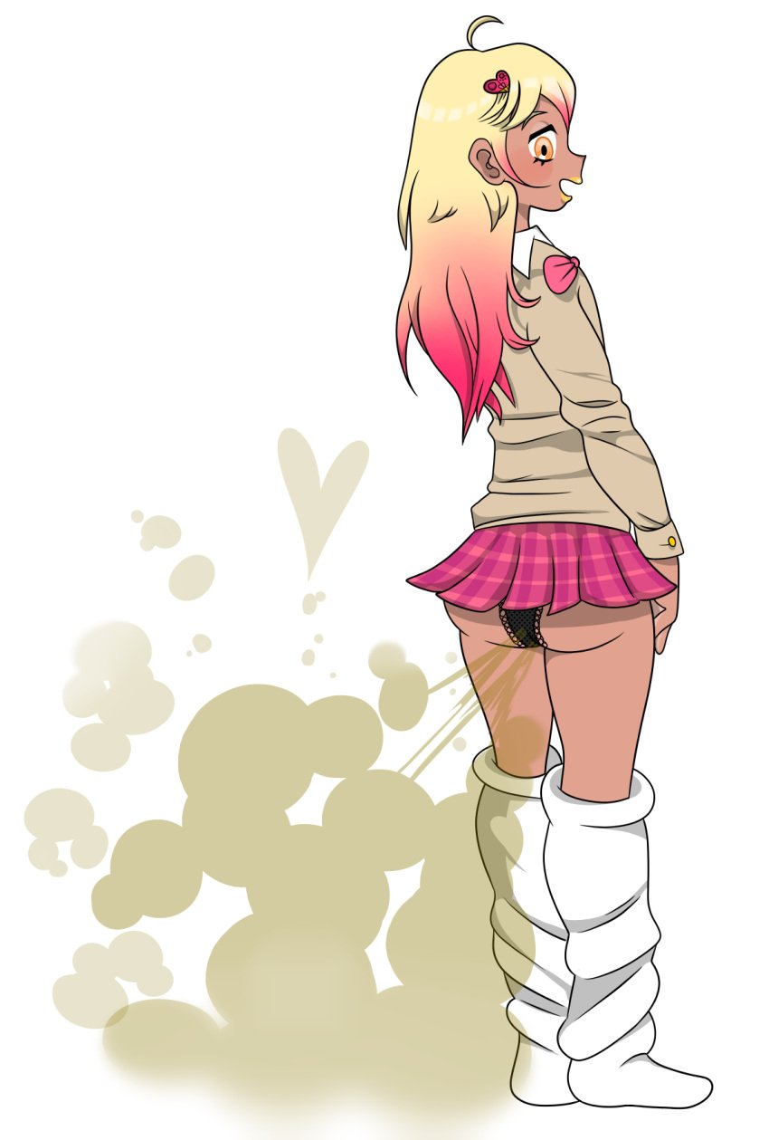 blonde_hair fart fart_fetish gyaru long_socks panties pink_hair school_uniform schoolgirl socks stinkify tan_skin visible_underwear yellow_lipstick