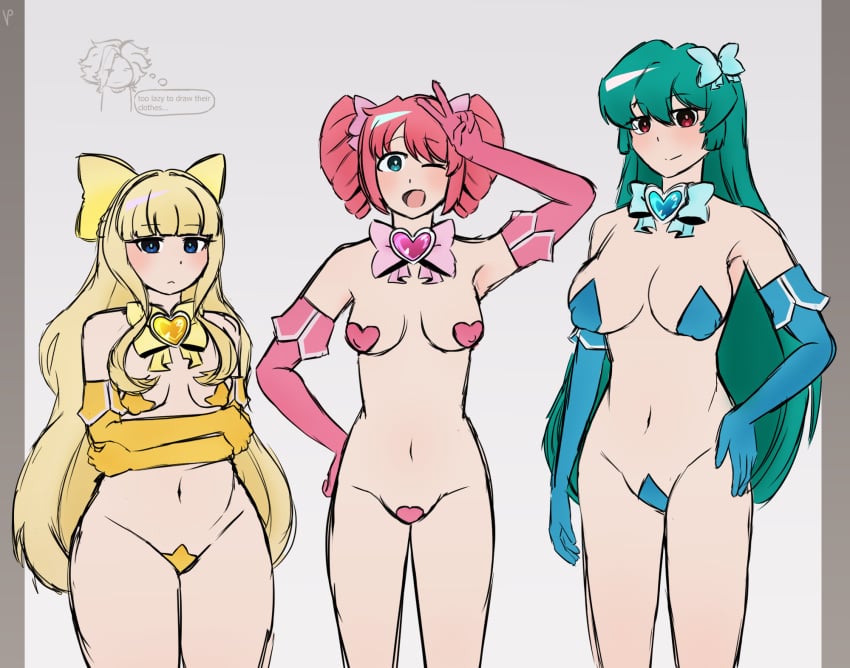 3girls :d big_breasts big_thighs blue_eyes blue_hair bow bows candiedkelp colored gloves hanabishi_haruka happychaoz looking_at_viewer magia_azul magia_magenta magia_sulphur mahou_shoujo_ni_akogarete medium_breasts minakami_sayo multiple_girls pale_skin pasties peace_sign pink_hair red_eyes self_upload short_girl small_breasts smiling smiling_at_viewer tall_girl teal_eyes tenkawa_kaoruko unamused yellow_hair yuri