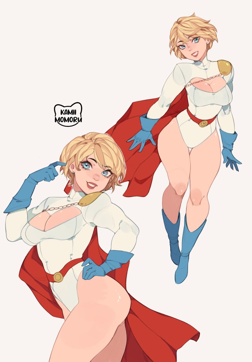 1girls artist_logo blonde_hair blue_eyes boob_window boots busty cape cleavage cleavage_cutout dc dc_comics earrings gloves kamii_momoru kara_zor-l karen_starr legs light-skinned_female light_skin power_girl solo superman_(series) thighs