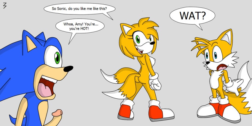 3pac amy_rose ass blue_fur color cosplay english_text female fox fur furry furry_ass furry_tail grey_background hedgehog interspecies male miles_prower multiple_males multiple_tails orange_fur penis sonic_(series) sonic_team sonic_the_hedgehog speech speech_bubble tail text