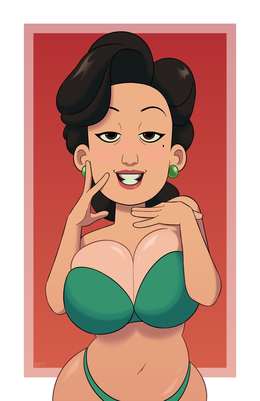 2d 2d_(artwork) bedroom_eyes big_breasts black_hair bra breasts brush_pen_ten disney earrings female green_bra green_earrings green_panties lipstick looking_at_viewer milf ming_lee panties pixar red_background seductive seductive_look seductive_smile smile smiling smiling_at_viewer solo turning_red upper_body white_background