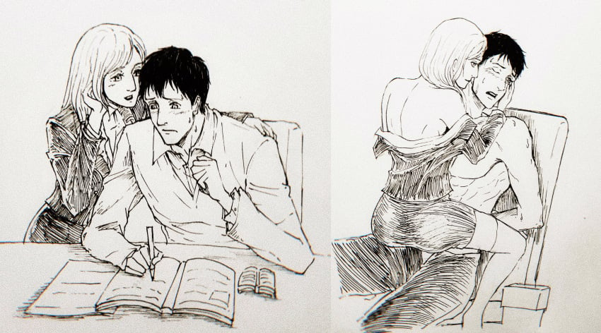 1boy1girl annie_leonhardt attack_on_titan before_and_after bertolt_hoover black_hair_male hair_down imminent_sex kuobi_meon office_lady_outfit seducing shingeki_no_kyojin undressing untied_hair