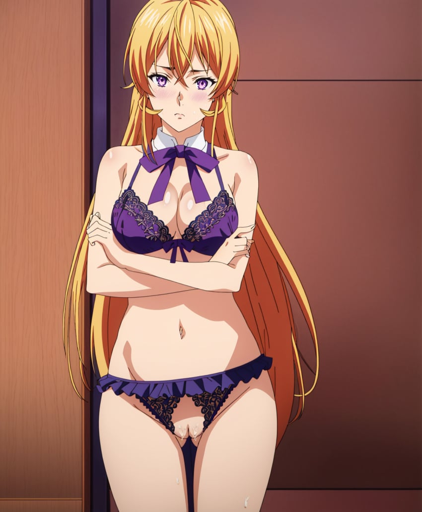 ai_generated belly belly_button blonde_hair blush bow bra cleavage crossed_arms crotchless_panties embrace lingerie long_hair looking_at_viewer nakiri_erina purple_eyes pussy pussy_juice shiny_skin shokugeki_no_souma slim_waist stable_diffusion standing sweat