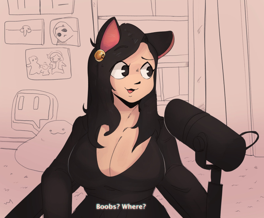 1girls bell breasts cat_ears catgirl clara_sorrenti cosplay dialogue fanart female female_only huge_breasts keffals live_stream oblivious skirt streamer streaming subtitles