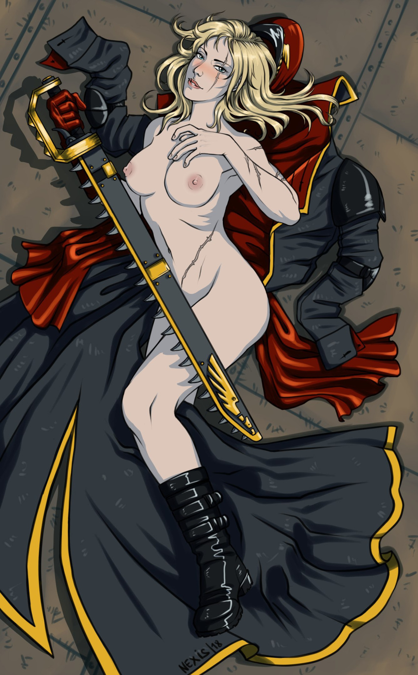 1girls astra_militarum big_breasts blonde_hair blue_eyes boots breasts chainsword cloak coat commissar commissar_raivel convenient_censoring female glove gray_skull imperial_guard looking_at_viewer parted_lips scar solo trenchcoat warhammer_(franchise) warhammer_40k weapon