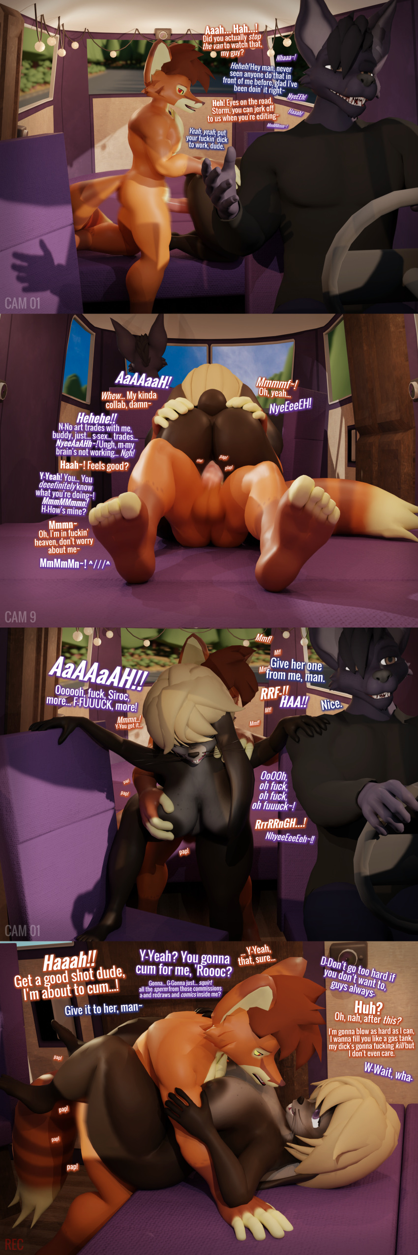 1:3 3d_(artwork) absurd_res anthro ass big_breasts big_butt breasts canid canine comic cowgirl_position dialogue digital_media_(artwork) driving emily_(moorsheadfalling) english_text female from_front_position genitals hi_res lagomorph leporid male mammal medium_truck moorsheadfalling nude on_bottom on_top penetration penis profanity rabbit sex siroc_(character) storm_(moorsheadfalling) survaan_(moorsheadfalling) text truck_(vehicle) vaginal_penetration vaginal_penetration van vehicle