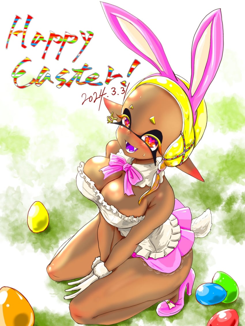 2024 armwear blush blushing_at_viewer breasts crouching dark-skinned_female dark_body dark_skin digital_media_(artwork) ear_piercing easter easter_egg egg egg_laying english_text frye_(splatoon) frye_onaga ground hi_res high_heels huge_breasts looking_at_viewer nintendo open_mouth open_smile pink_high_heels pink_ribbon pink_skirt pointy_eared_humanoid pointy_ears purple_eyes rabbit_ears sharp_teeth splatoon splatoon_(series) splatoon_3 sweatdrop t2ukmyjm tentacle tentacle_hair text white_clothing yellow_eyebrows yellow_hair