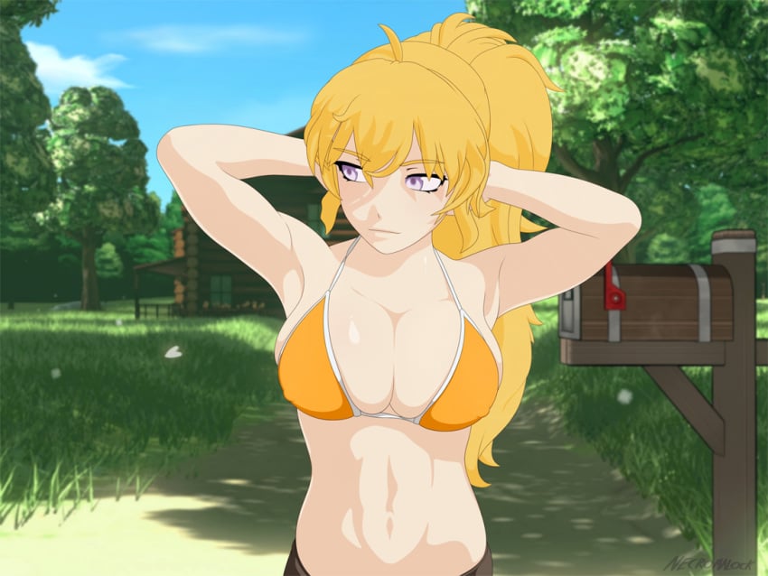 1girls 3d abs accurate_art_style armpits arms_behind_head athletic_female belly belly_button big_breasts bikini bikini_top bikini_top_only blonde_hair bra breasts busty casual_exposure cleavage large_breasts midriff navel necromalock nipples pants ponytail pose posing purple_eyes rwby sensual sexy_armpits smile swimsuit tagme toned yang_xiao_long yellow_bikini