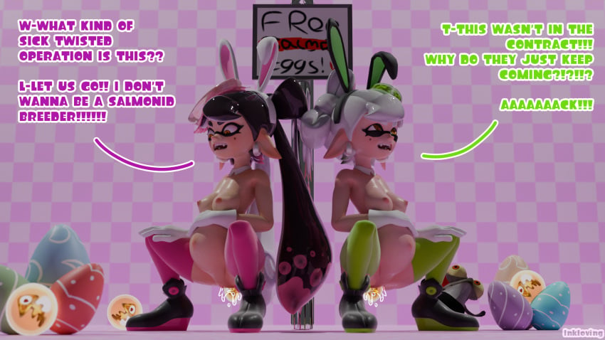 1920x1080 2girls 3d angry blender blender_cycles breasts bunny_ears bunnysuit callie_(splatoon) collar dialogue earrings easter_egg egg egg_laying english_text gloves holding_belly inkling inkling_girl inkloving leggings marie_(splatoon) marie_(wo262) mole mole_under_eye pain pained_expression pregnant salmonid splatoon squatting squid_sisters tagme tentacle_hair text vaginal_juices