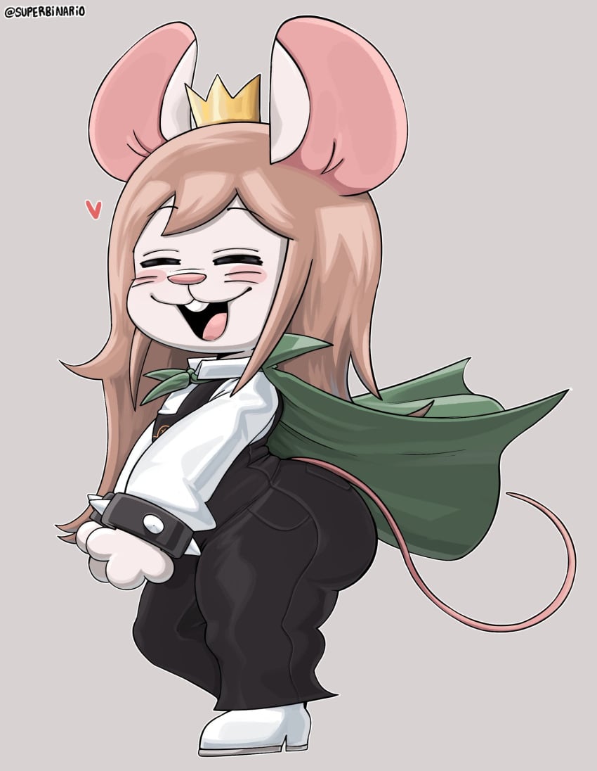 anthro big_ass black_overalls black_pants brown_hair closed_eyes crown cukizilla cukizilla_(ratona) green_cape happy happy_expression headgear headwear hearts_around_head long_hair long_tail mouse_ears mouse_tail murid murine overalls perfectos_desconocidos rat rat_girl shirt small_breasts spiked_bracelet superbinario teeth_showing thick_thighs whiskers white_fur white_shirt white_shoes wide_hips