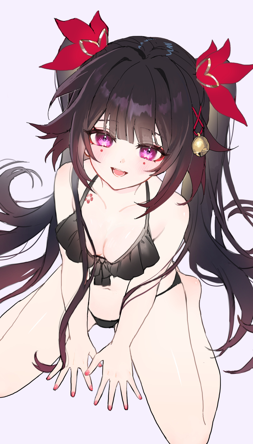 absurdres bare_arms bare_shoulders bell bikini black_bikini black_hair blunt_bangs blush breasts butterfly-shaped_pupils cleavage dot_nose female flower_tattoo from_above hair_bell hair_intakes hair_ornament hands_on_ground happy highres honkai:_star_rail honkai_(series) long_hair looking_at_viewer looking_up medium_breasts mole mole_under_each_eye mole_under_eye multiple_moles nail_polish navel open_mouth painted_nails pink_eyes pink_nails seiza sidelocks simple_background sitting smile solo sparkle_(honkai:_star_rail) stomach swimsuit symbol-shaped_pupils tattoo twintails very_long_hair wariza white_background