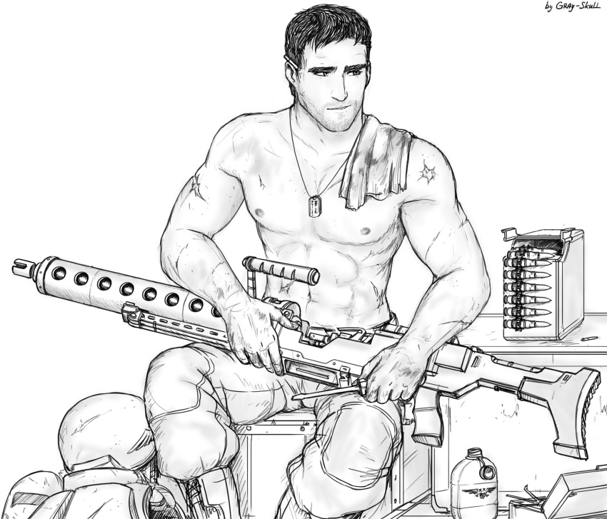 1boy astra_militarum gray_skull guardsman_(warhammer_40k) gun imperial_guard imperium_of_man male_only muscular muscular_male shirtless shirtless_male titus_(gray_skull) warhammer_(franchise) warhammer_40k