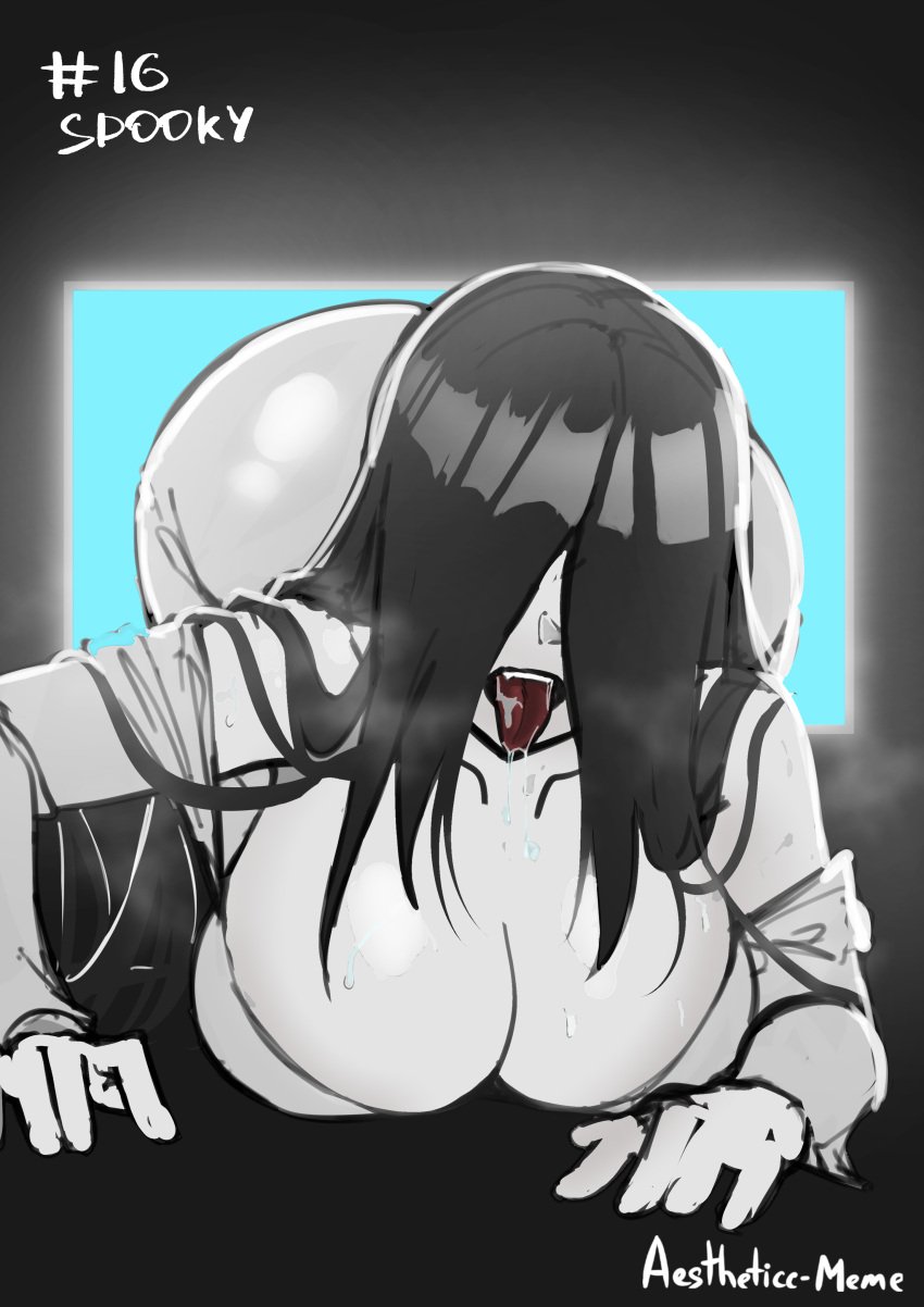 1girl aestheticc-meme artist_signature ass big_ass big_cleavage black_hair bottomless breasts bubble_butt catered3214 cleavage color colored coming_out_of_tv edit female female_only ghost ghost_girl hanging_breasts hi_res huge_ass huge_breasts long_hair part_of_a_set resting_breasts solo the_ring voluptuous yamamura_sadako