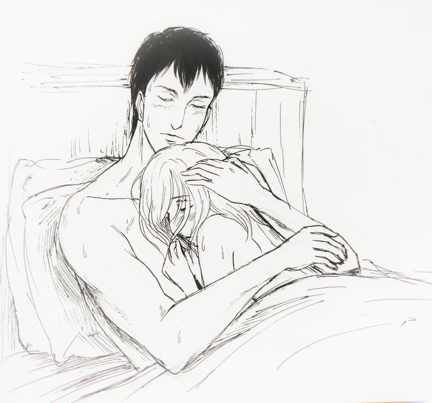 1boy1girl after_sex annie_leonhardt attack_on_titan bertolt_hoover black_and_white hair_down hugging_partner kuobi_meon male no_color resting_on_partner shingeki_no_kyojin tagme untied_hair