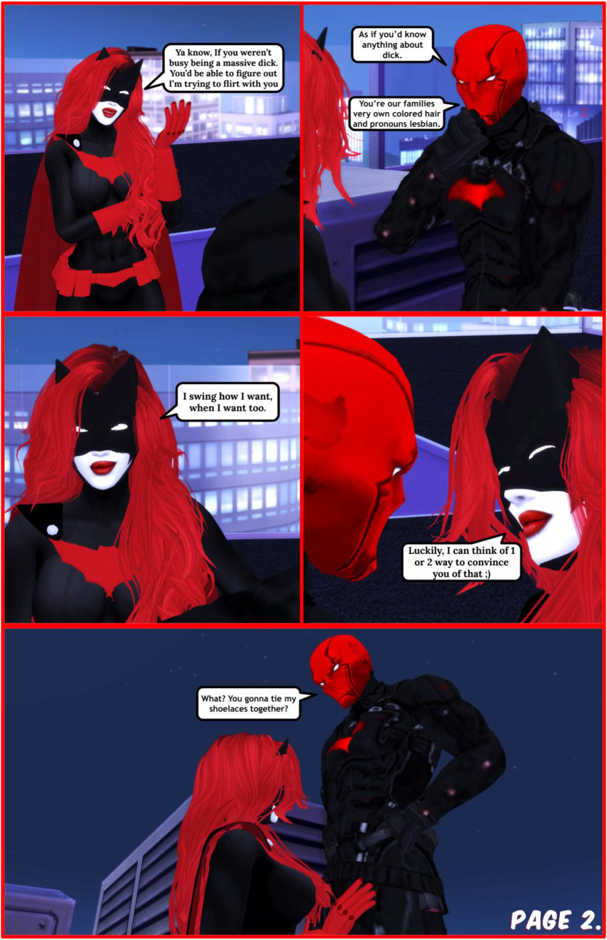 1boy 1girls 3d batman_(series) batwoman bisexual bisexual_(female) comic dc dc_comics dialogue english_text flirting imminent_sex jason_todd kate_kane lesbian_correction male night outside page_2 pof3445 red_hood_(dc) rooftop speech_bubble text text_bubble the_sims the_sims_4