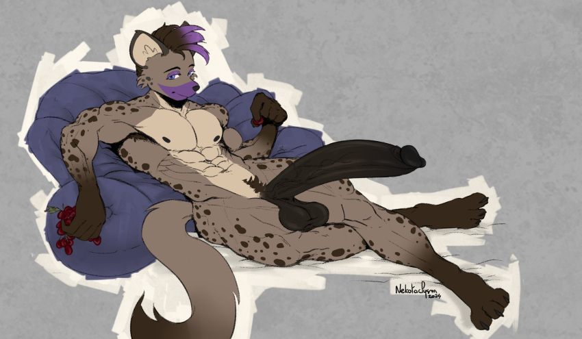 anthro balls big_penis black_hair cheek_tuft erection facial_tuft food fruit fur genitals grape grey_background grey_body grey_fur grey_spots hair half-closed_eyes hi_res highlights_(coloring) huge_cock humanoid_genitalia humanoid_penis hyena jay_(g-h-) lounging male mammal markings narrowed_eyes nekotaclysm nude penis plant pubes purple_highlights simple_background smile solo spots spotted_body spotted_fur spotted_hyena spotted_markings tan_body tan_fur tuft vein veiny_penis